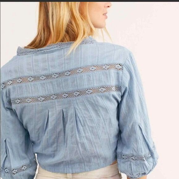 Free People Follow Your Heart Top Womens Size XS Dusty Blue Cropped Peasant - Picture 3 of 12
